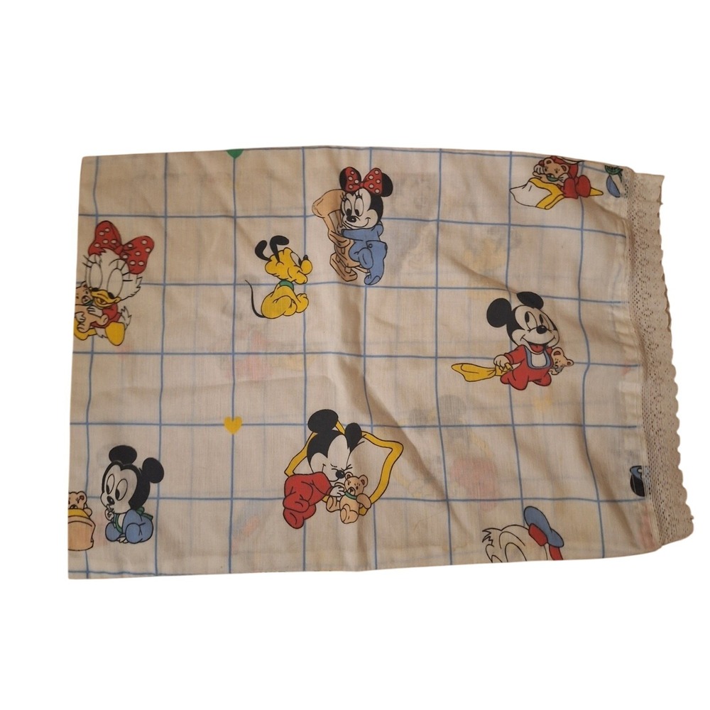Vintage 80s  Dundee Disney Pillowcase Baby Crib Pillowcase Repurposed‎ Lace Trim